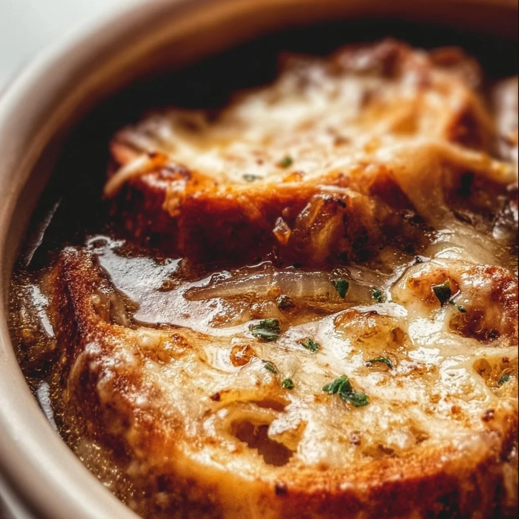 Delicious Crockpot French Onion Soup with melted cheese on top.