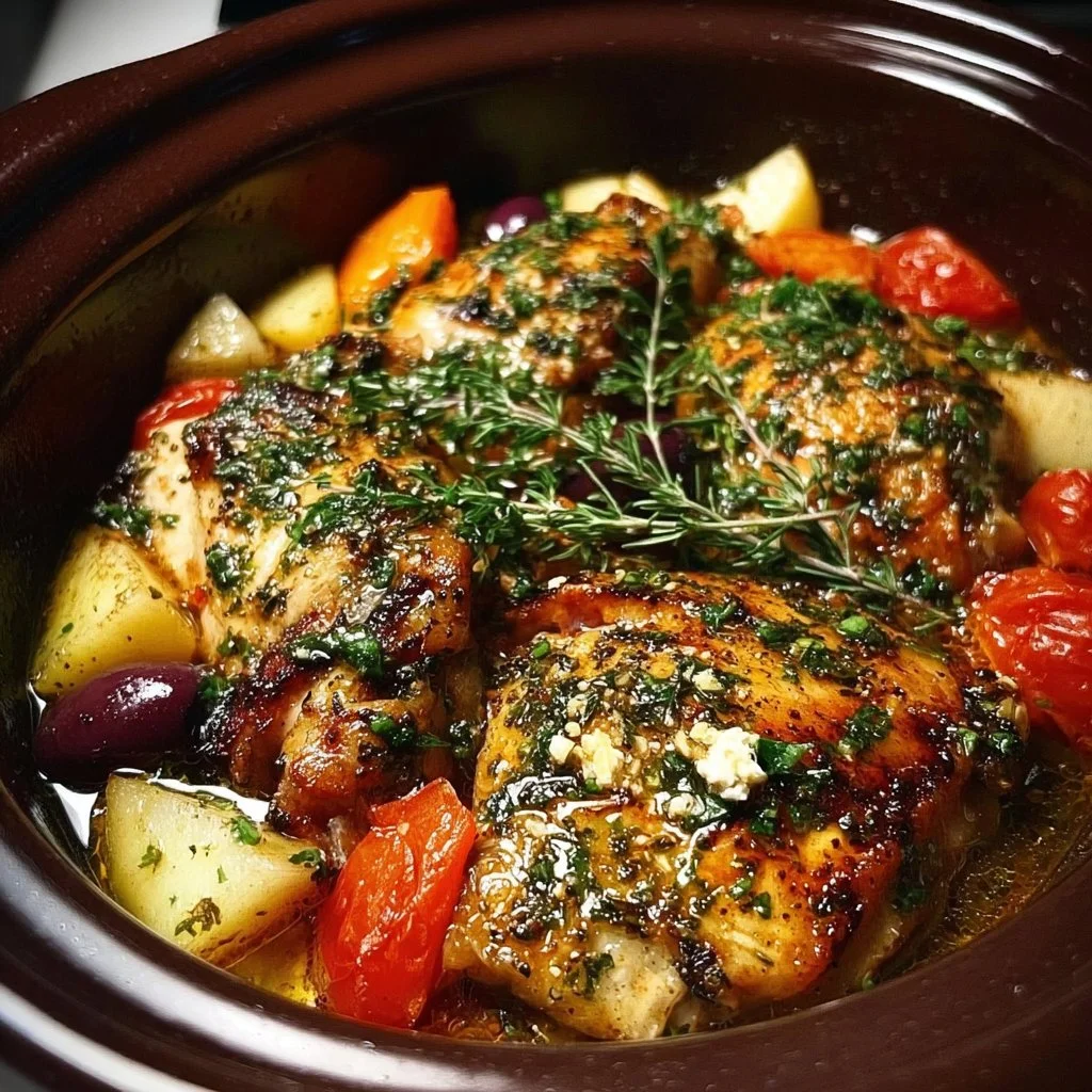 Crockpot Greek Chicken served with a side of vegetables and rice