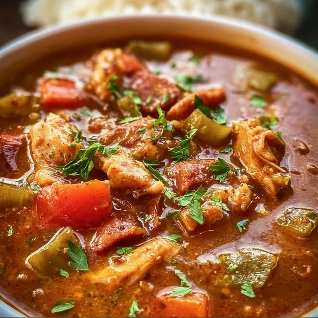 Delicious homemade Crockpot Gumbo served in a bowl with ingredients