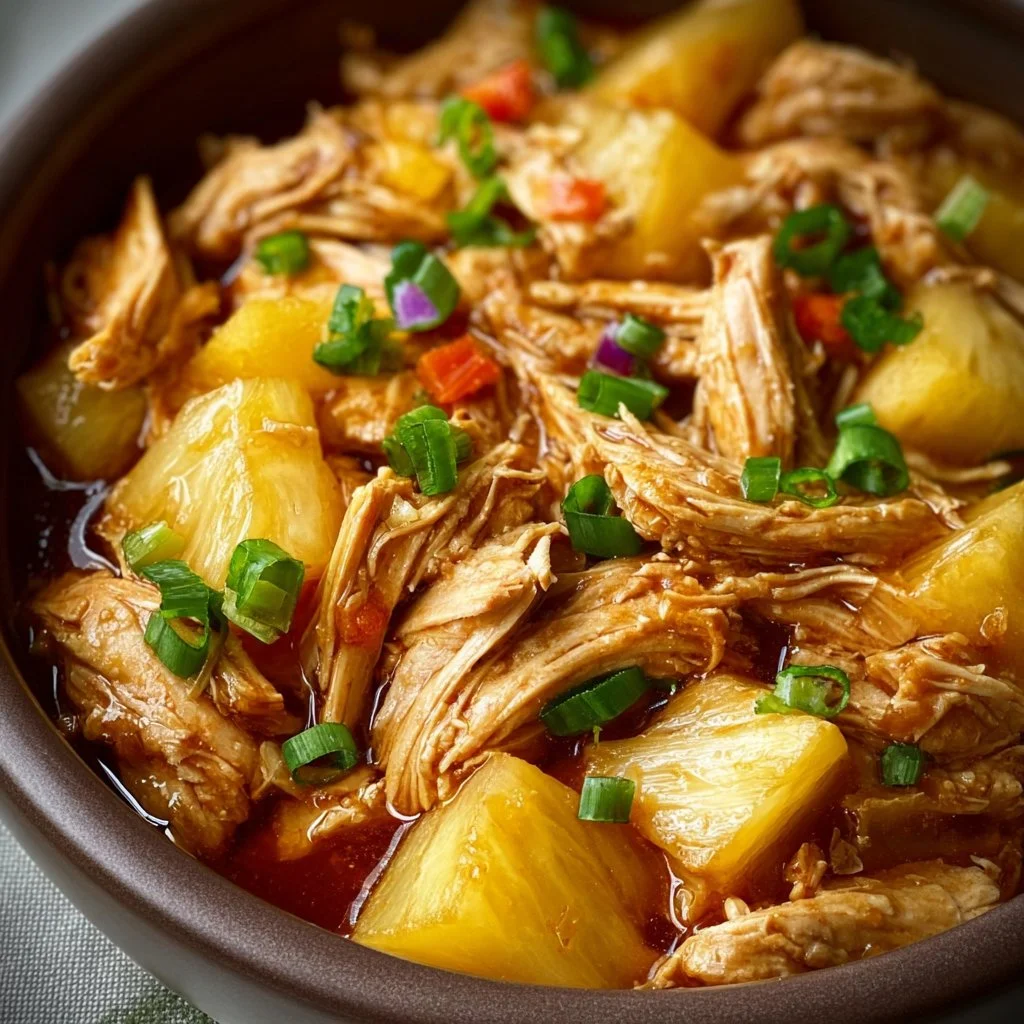 Delicious Crockpot Hawaiian Chicken served with pineapple and rice