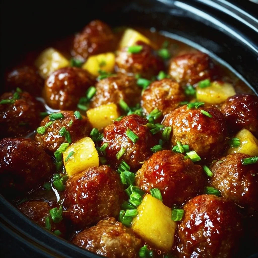 Crockpot Hawaiian Meatballs served in a bowl with pineapple slices