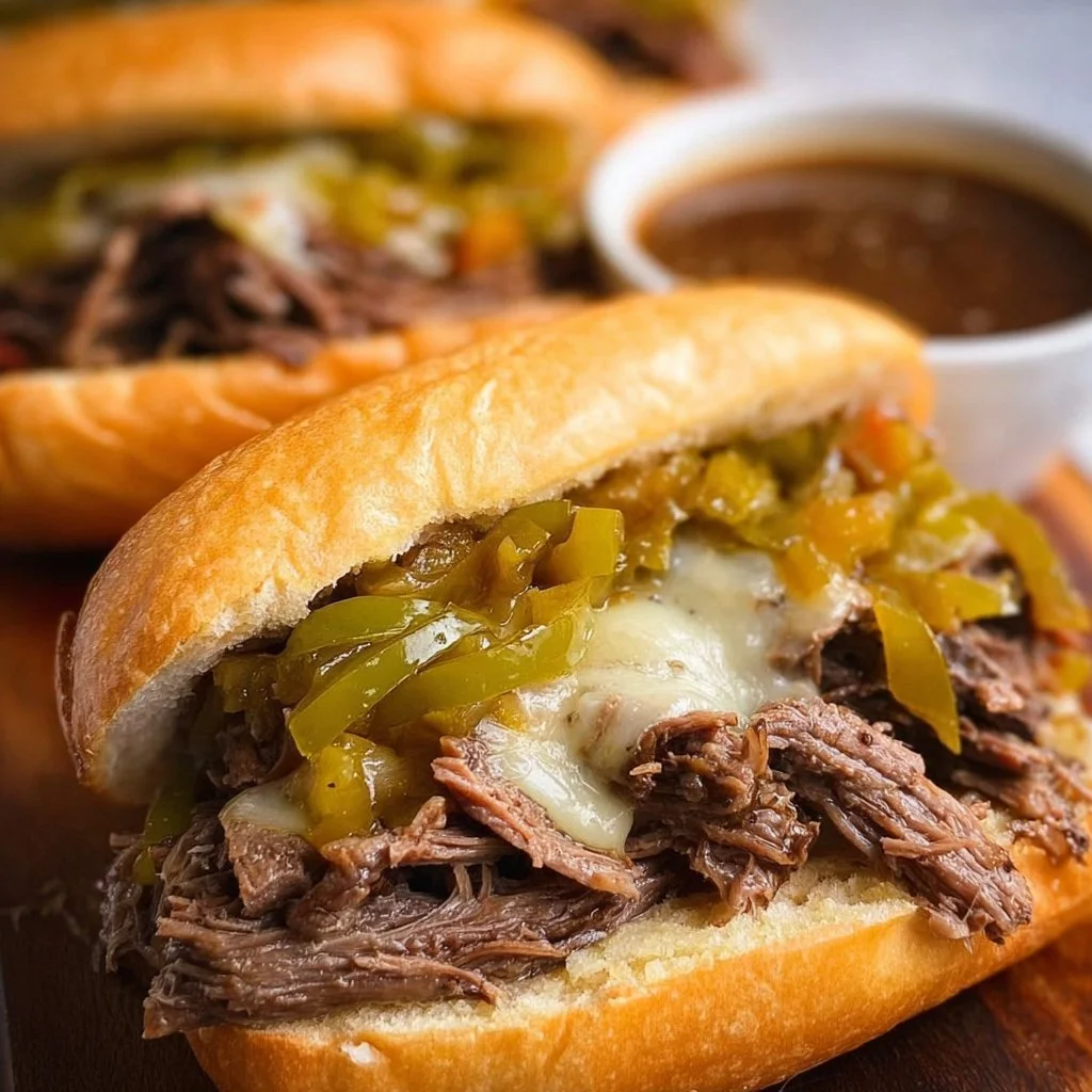 Delicious Crockpot Italian beef sandwiches served on a plate with toppings.