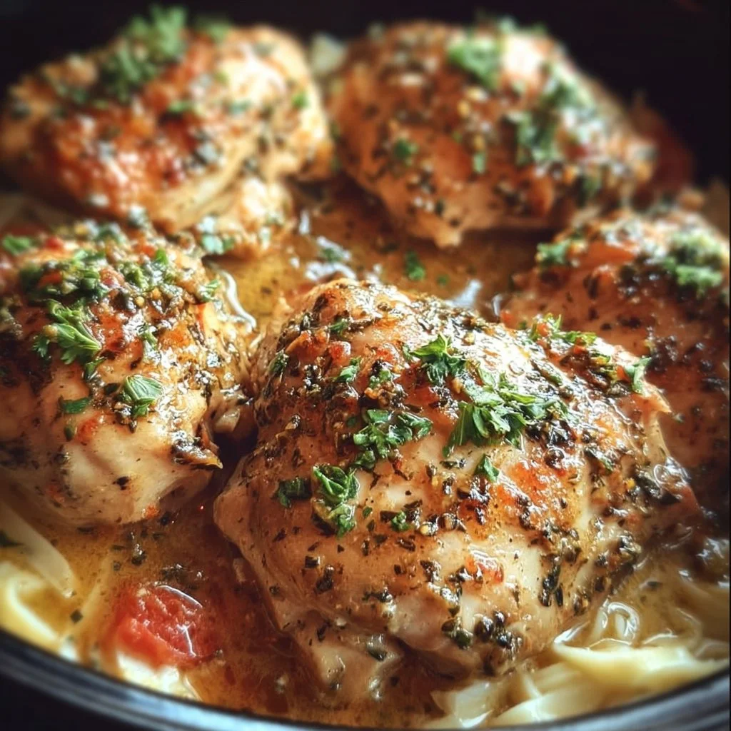 Crockpot Italian Chicken served with herbs and vegetables