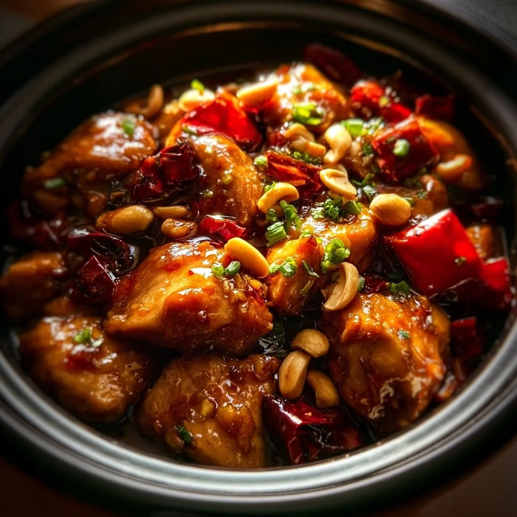 Delicious Crockpot Kung Pao Chicken with colorful peppers and peanuts
