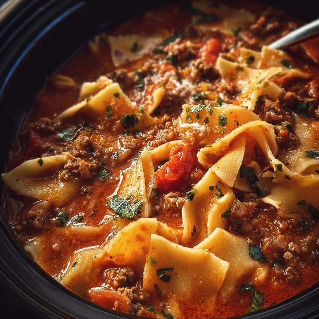 Delicious bowl of Crockpot Lasagna Soup with cheese and herbs