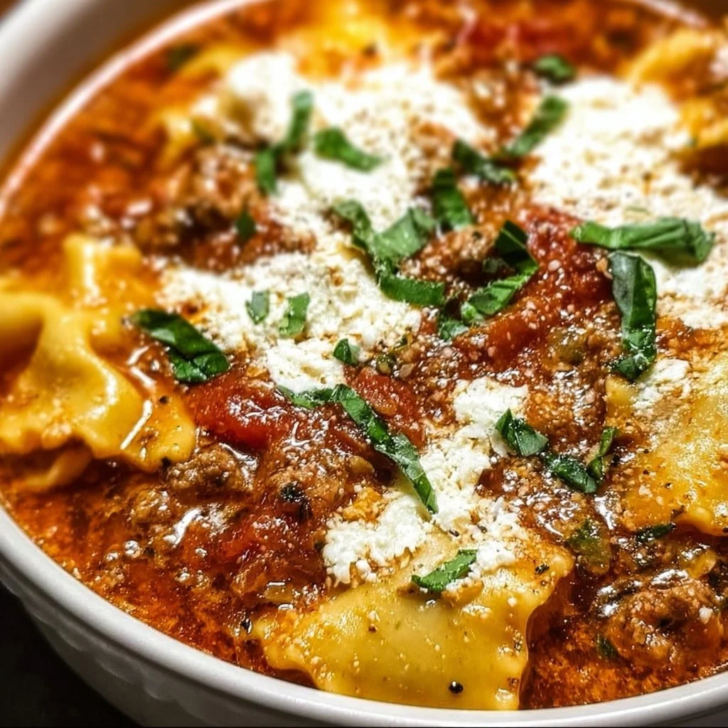 Delicious bowl of Crockpot Lasagna Soup with melted cheese and fresh basil