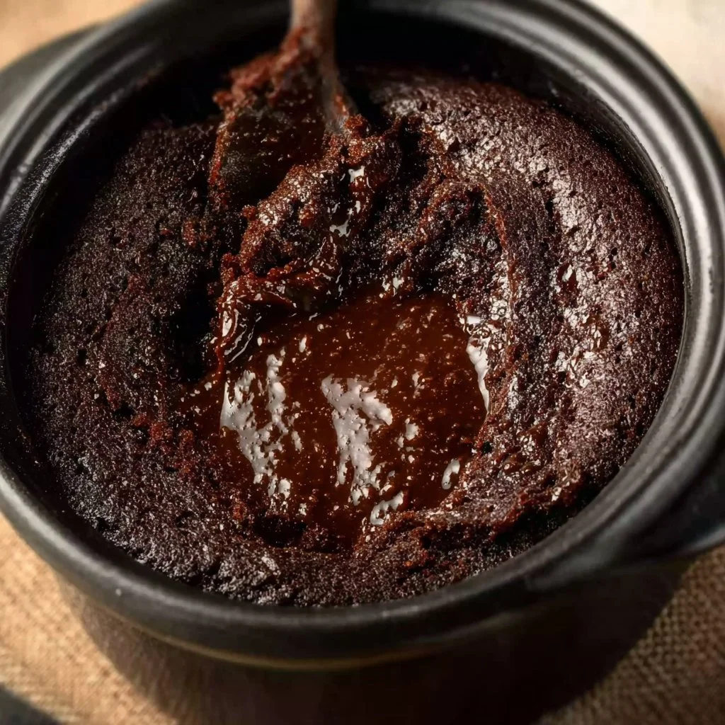 Decadent Crockpot Lava Cake served warm with melted chocolate inside.