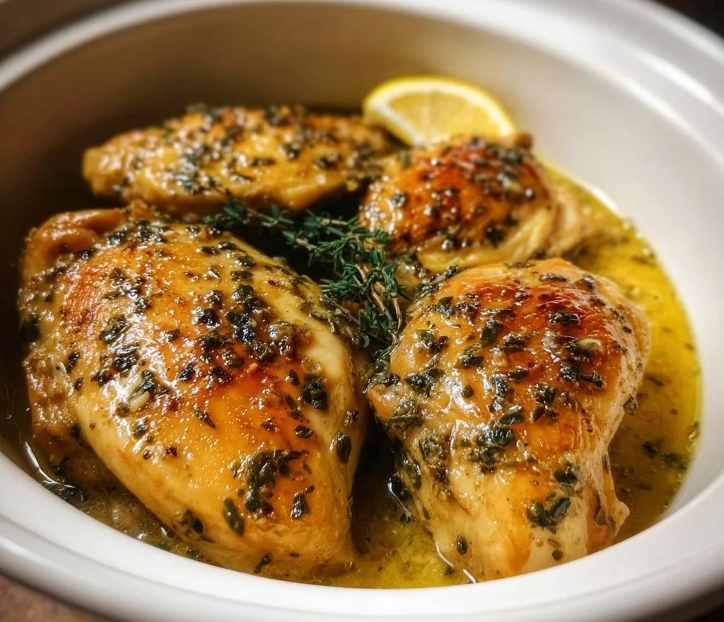Crockpot Lemon Garlic Butter Chicken dish served with fresh herbs