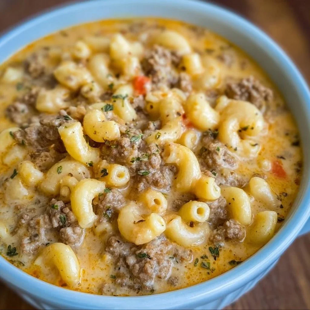 Bowl of creamy Crockpot Macaroni Cheeseburger Soup topped with cheese and herbs.