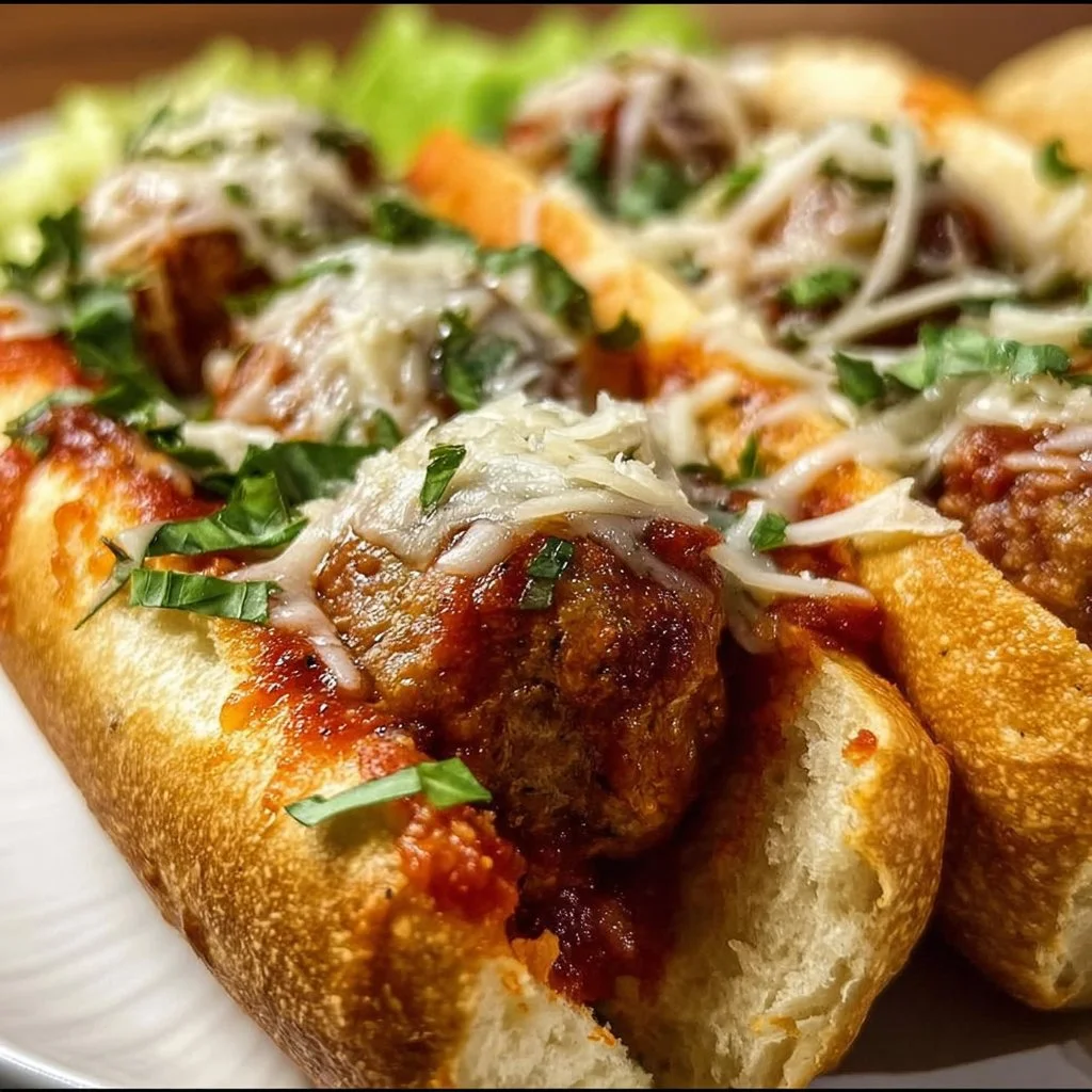 Crockpot meatball subs with melted cheese and marinara sauce on a bun