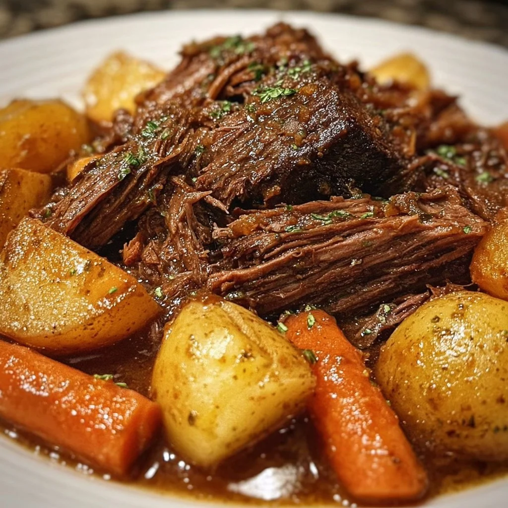 Crockpot Mississippi Pot Roast served with vegetables and herbs.