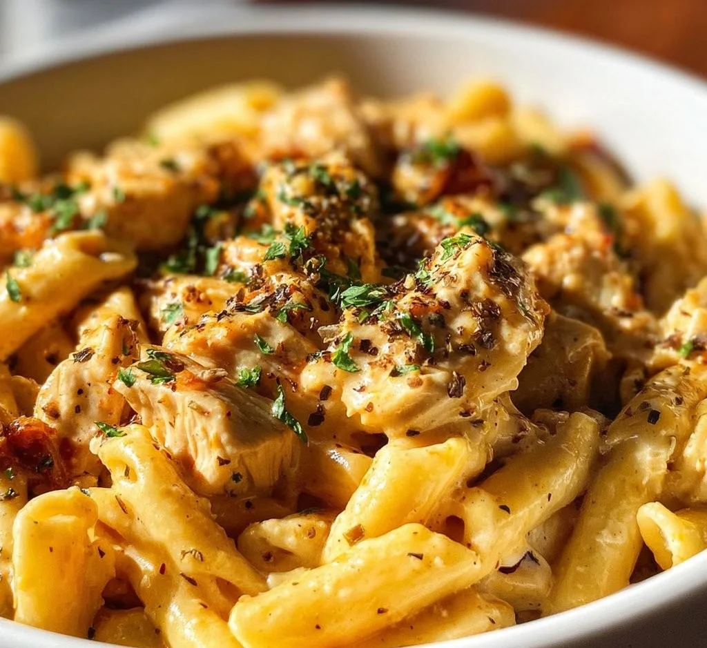 Crockpot Olive Garden Chicken Pasta served in a bowl with herbs