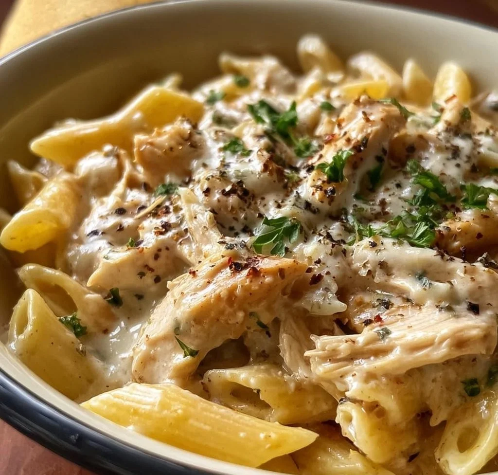 Crockpot Olive Garden Chicken Pasta dish served with fresh herbs