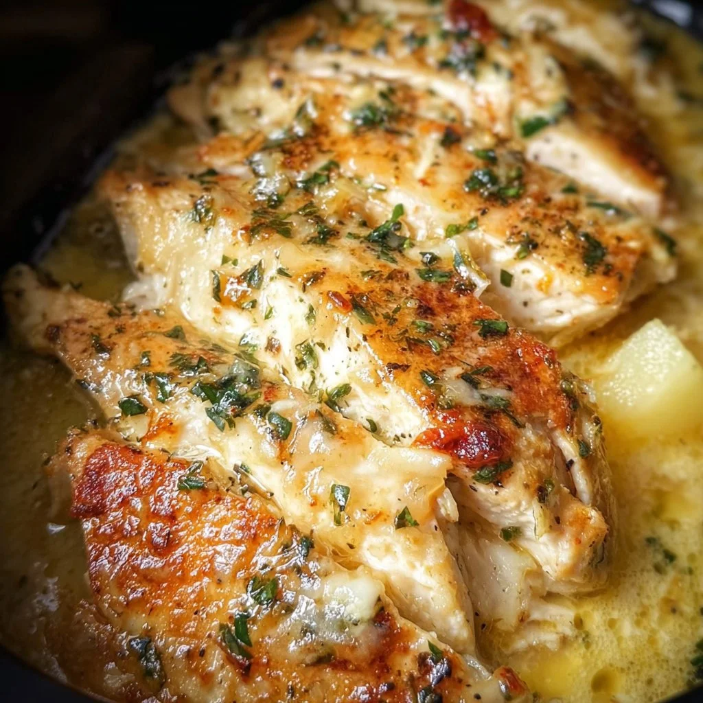 Crockpot Parmesan Garlic Chicken served on a plate with herbs and sides