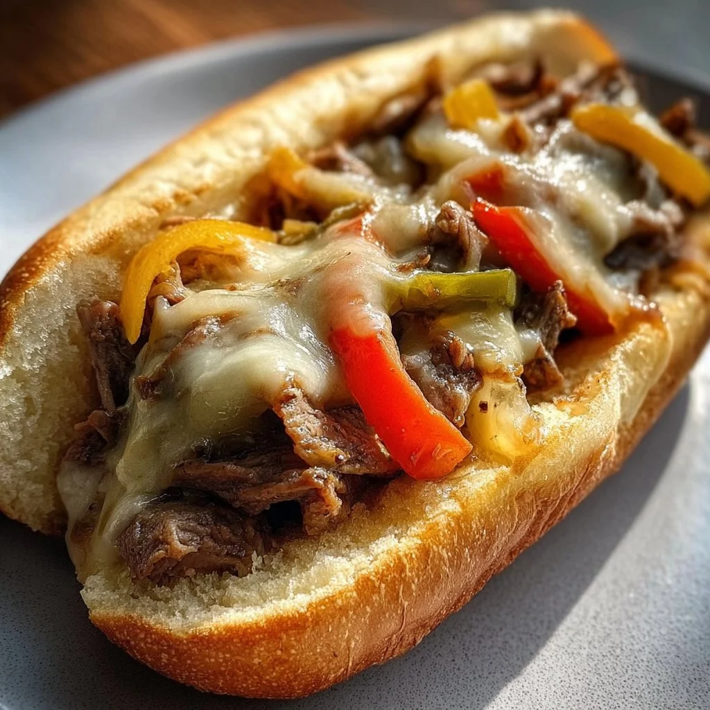 Crockpot Philly cheesesteak served on a plate with toppings and bread.