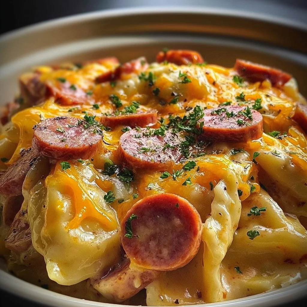 Crockpot Pierogi Casserole with Kielbasa served in a dish