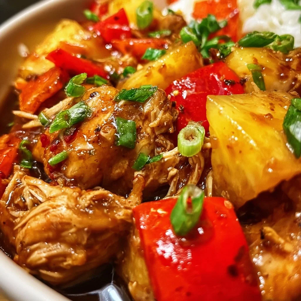 Crockpot Pineapple Chicken served in a bowl with colorful vegetables