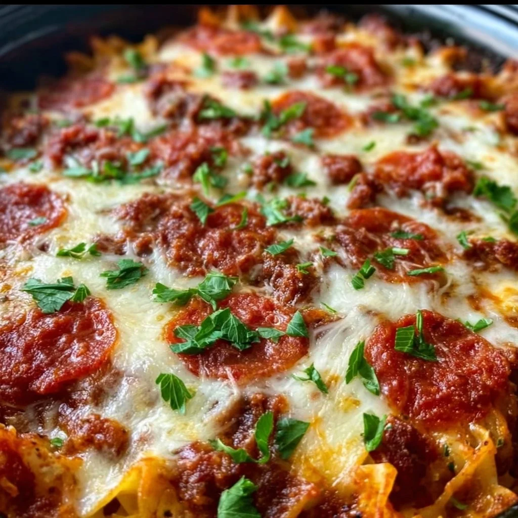 Crockpot Pizza Casserole with cheese and toppings ready to serve.
