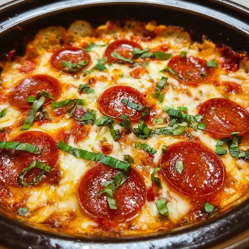 Cheesy Crockpot Pizza Dip served with tortilla chips for dipping