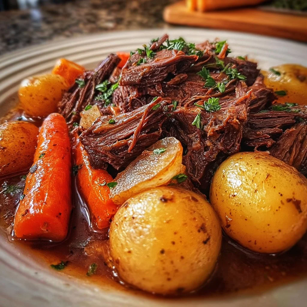 Delicious crockpot pot roast served with vegetables and gravy