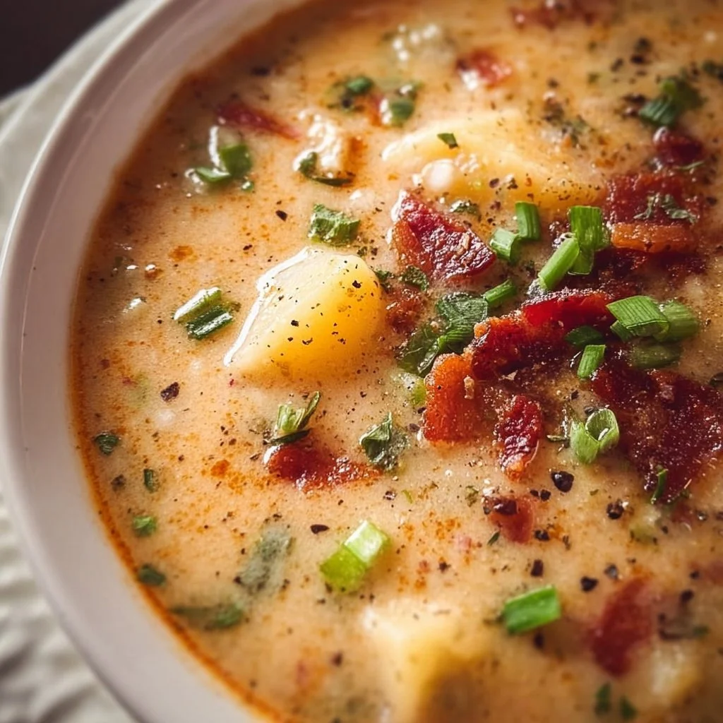 Delicious Crockpot potato soup served in a rustic bowl with toppings.
