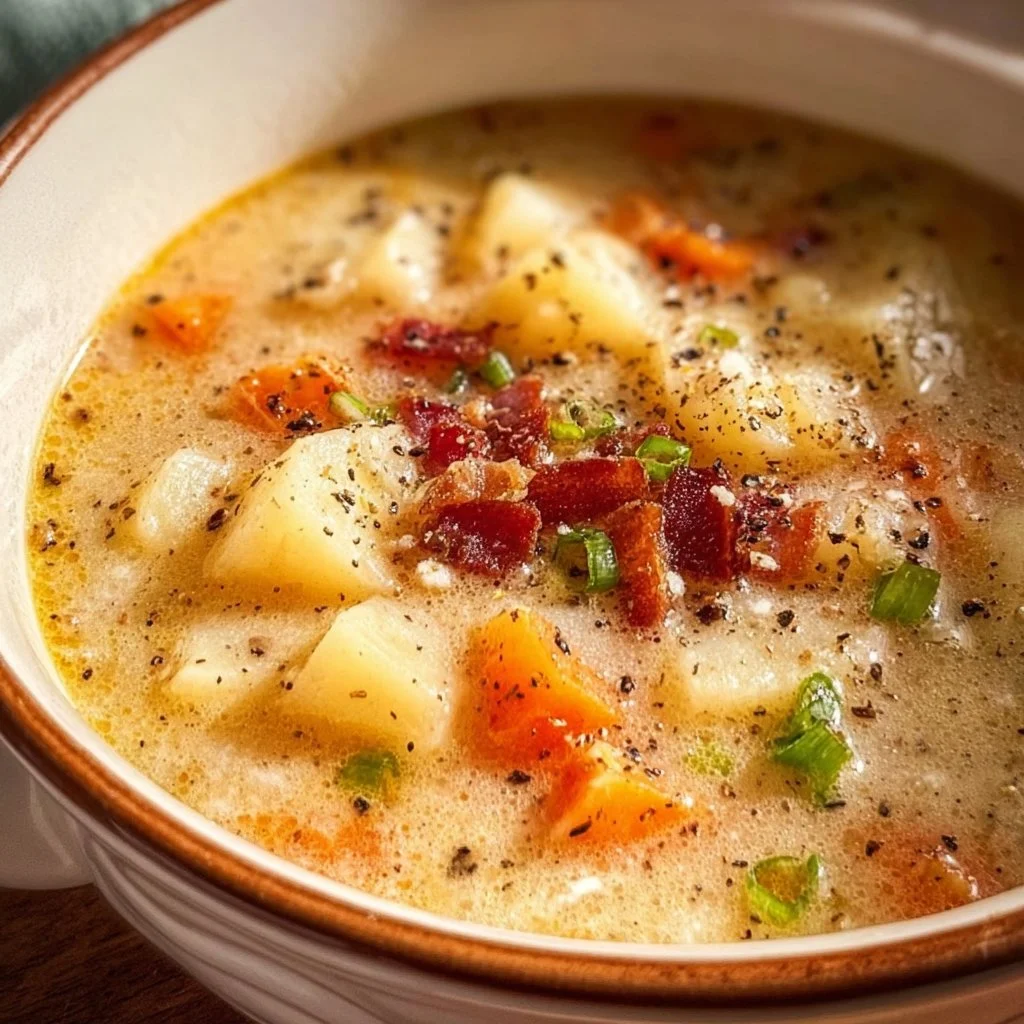 Bowl of creamy crockpot potato soup garnished with green onions