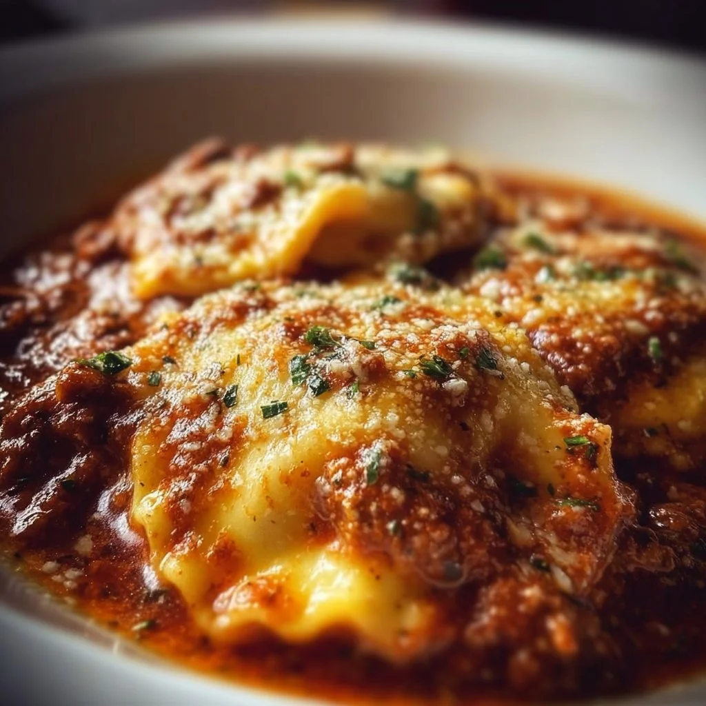 Delicious Crockpot Ravioli Lasagna topped with cheese and herbs