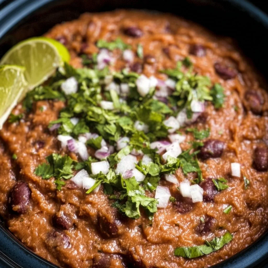 Delicious crockpot refried beans served in a bowl with toppings.