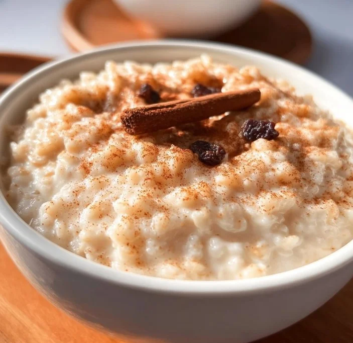 Delicious crockpot rice pudding served in a bowl, topped with cinnamon.