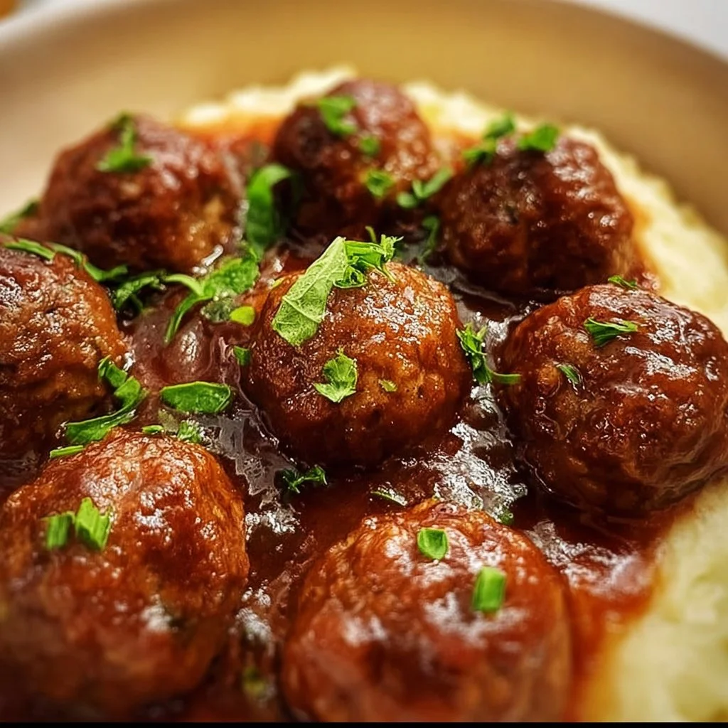 Crockpot Salisbury Steak Meatballs served with gravy and mashed potatoes