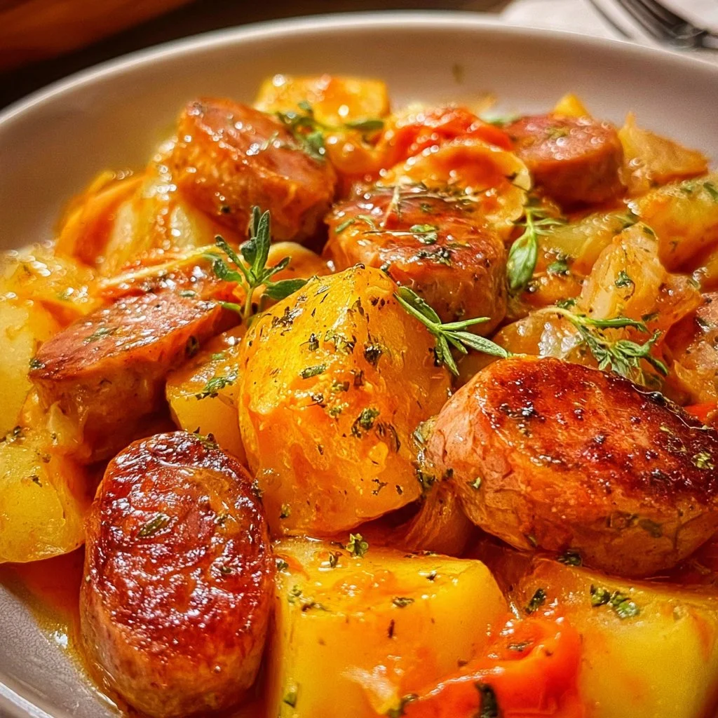 Crockpot sausage and potatoes dish served in a bowl