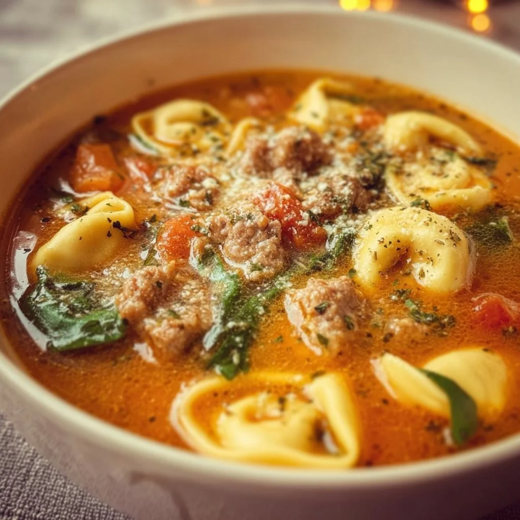 Crockpot sausage and tortellini soup in a bowl, garnished with herbs
