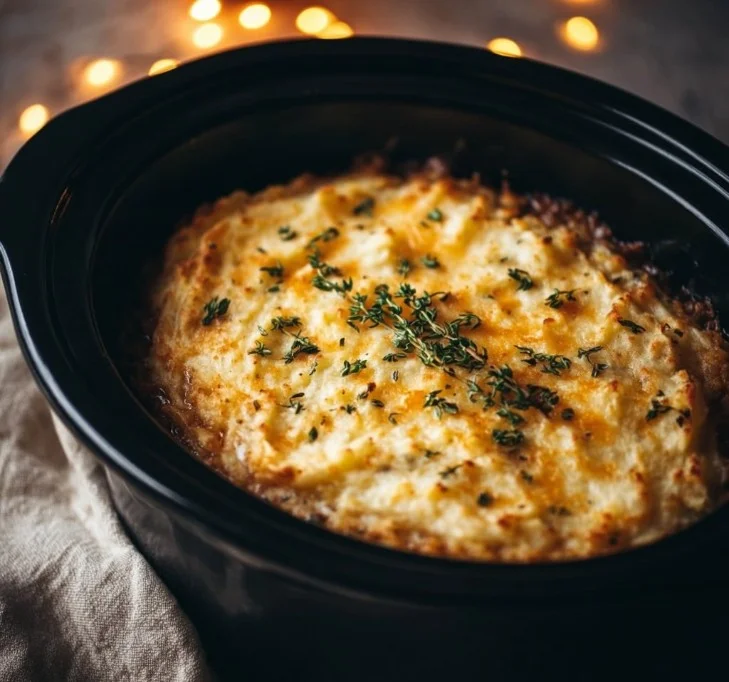 Delicious Crockpot Shepherd's Pie with creamy mashed potatoes and hearty filling