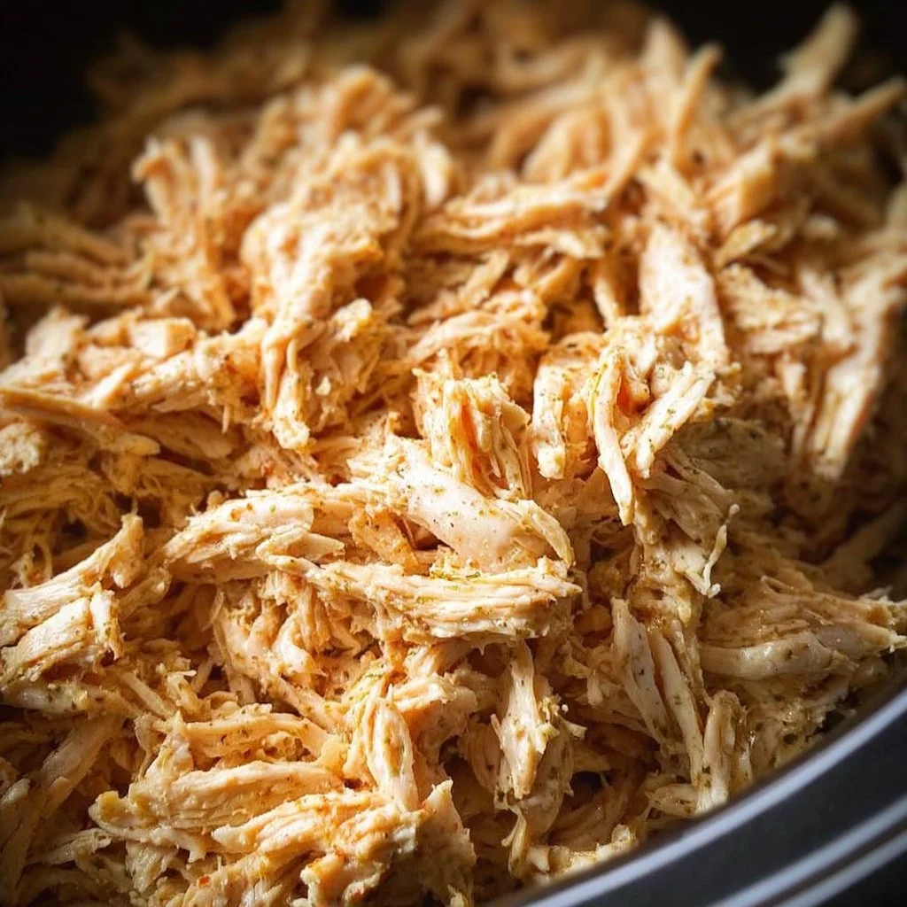 Crockpot shredded chicken served in a bowl with fresh herbs on top.