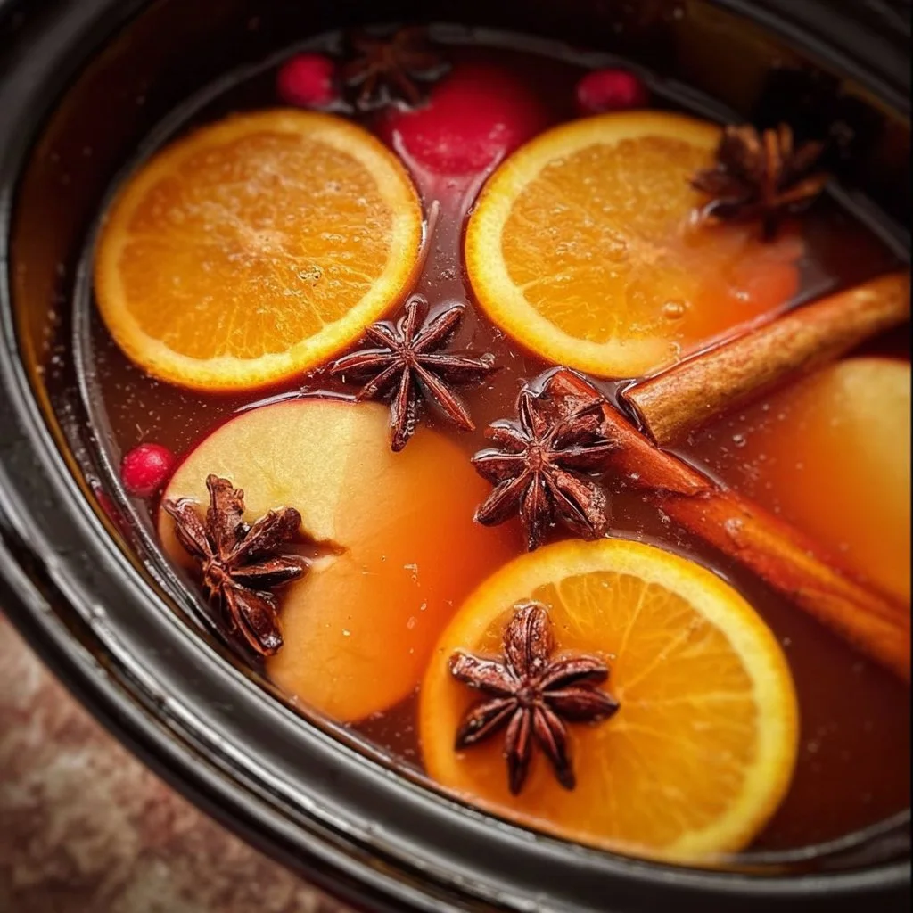 Crockpot Spiced Apple Cider with cinnamon sticks and apple slices in a slow cooker