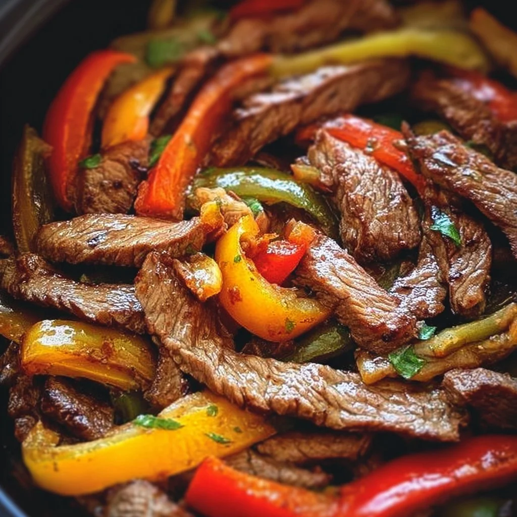 Crockpot steak fajitas with colorful peppers and onions served on a plate