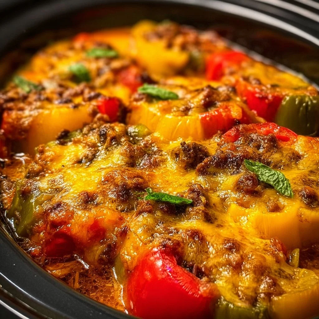 Crockpot stuffed pepper casserole with colorful peppers and rice in a bowl