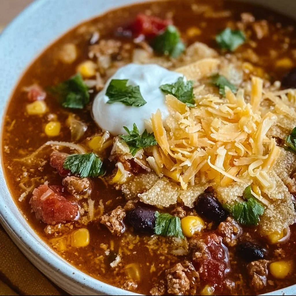 Delicious Crockpot Taco Soup garnished with cilantro and cheese