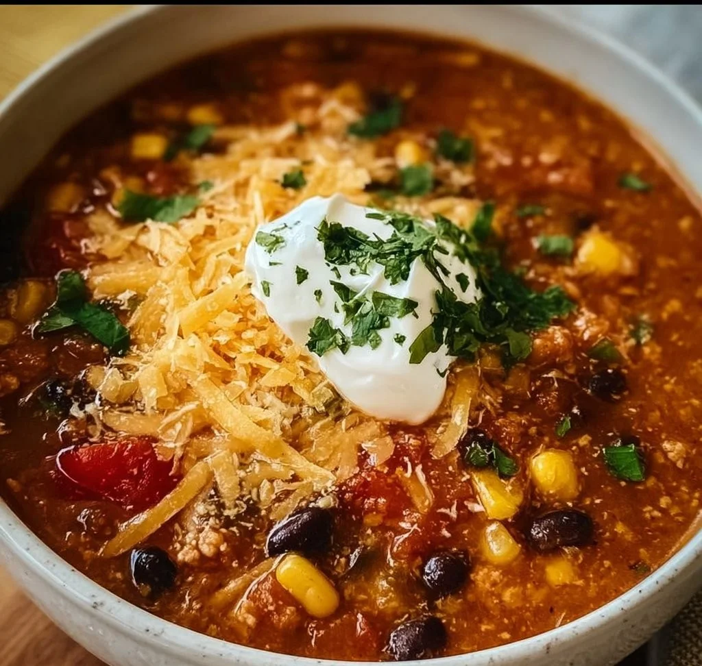 Delicious Crockpot Taco Soup in a bowl, ready to serve.
