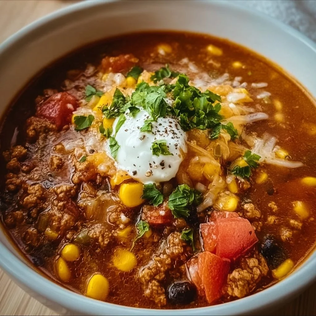 Crockpot Taco Soup served in a bowl with toppings