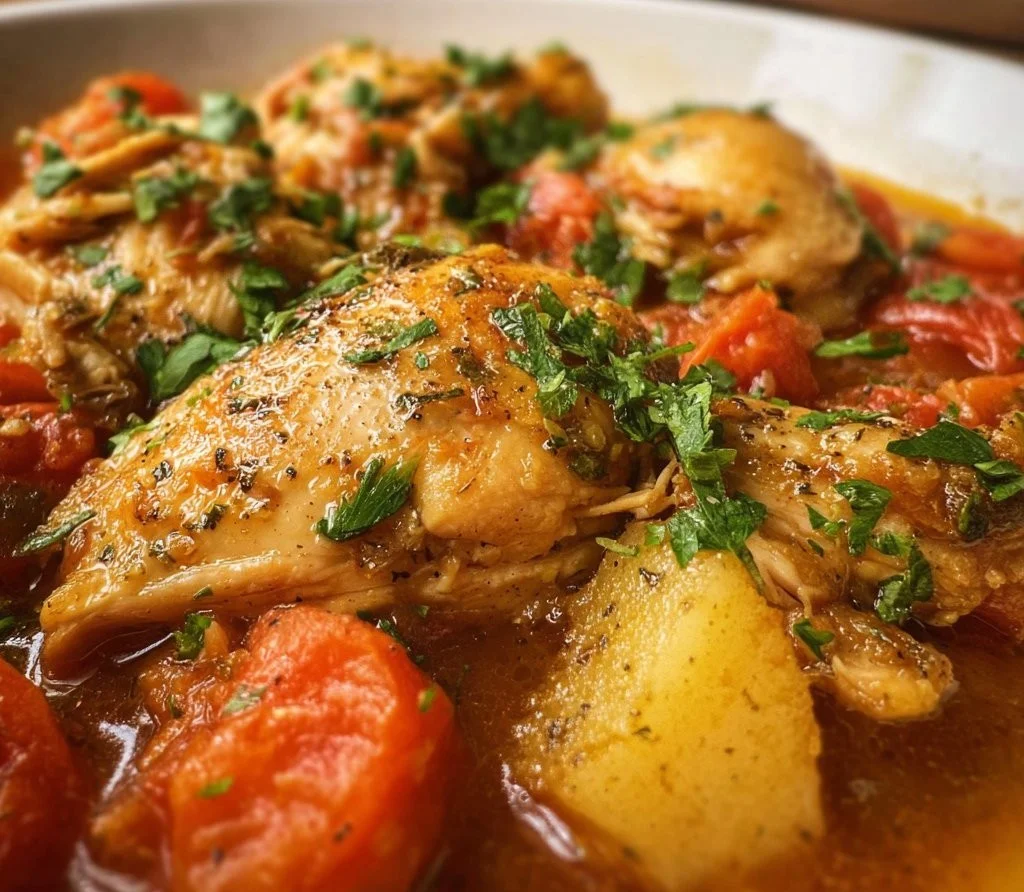 Deliciously cooked Crockpot Tuscan Chicken served with herbs and vegetables.