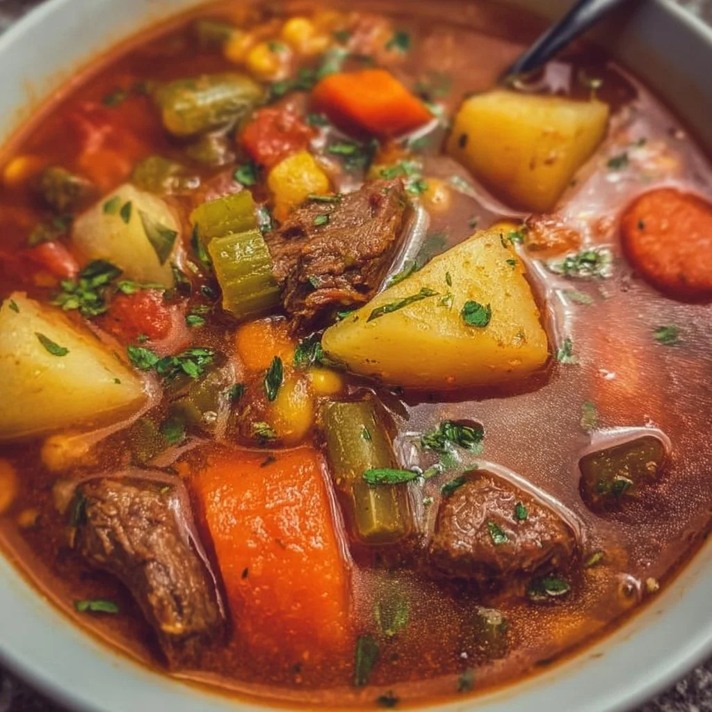 Bowl of delicious Crockpot vegetable beef soup with fresh ingredients
