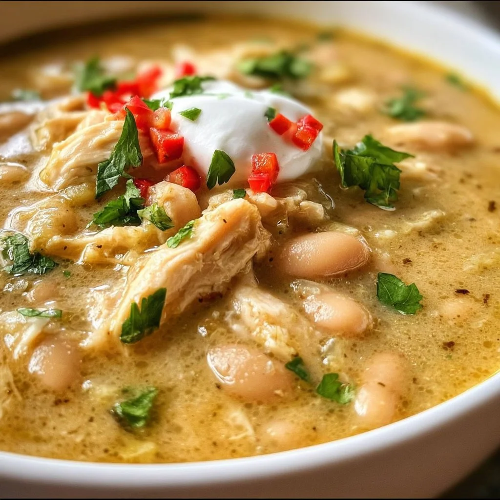 Delicious crockpot white chicken chili served in a bowl with toppings