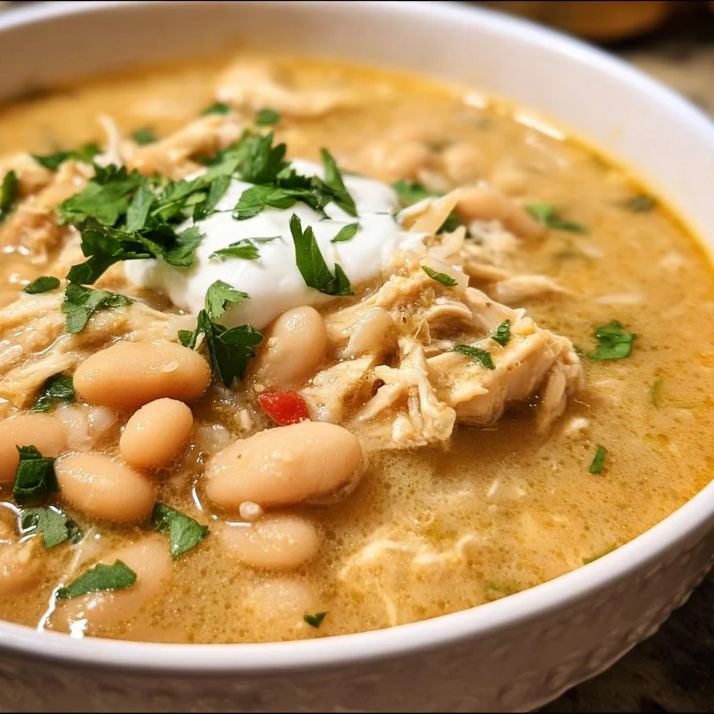 Bowl of creamy Crockpot White Chicken Chili topped with cilantro and lime