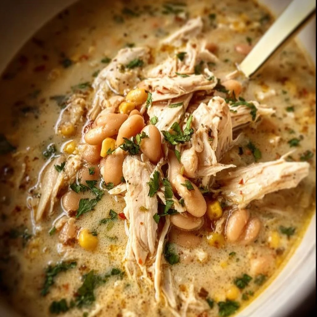 Bowl of Crockpot White Chicken Chili topped with cilantro and cheese