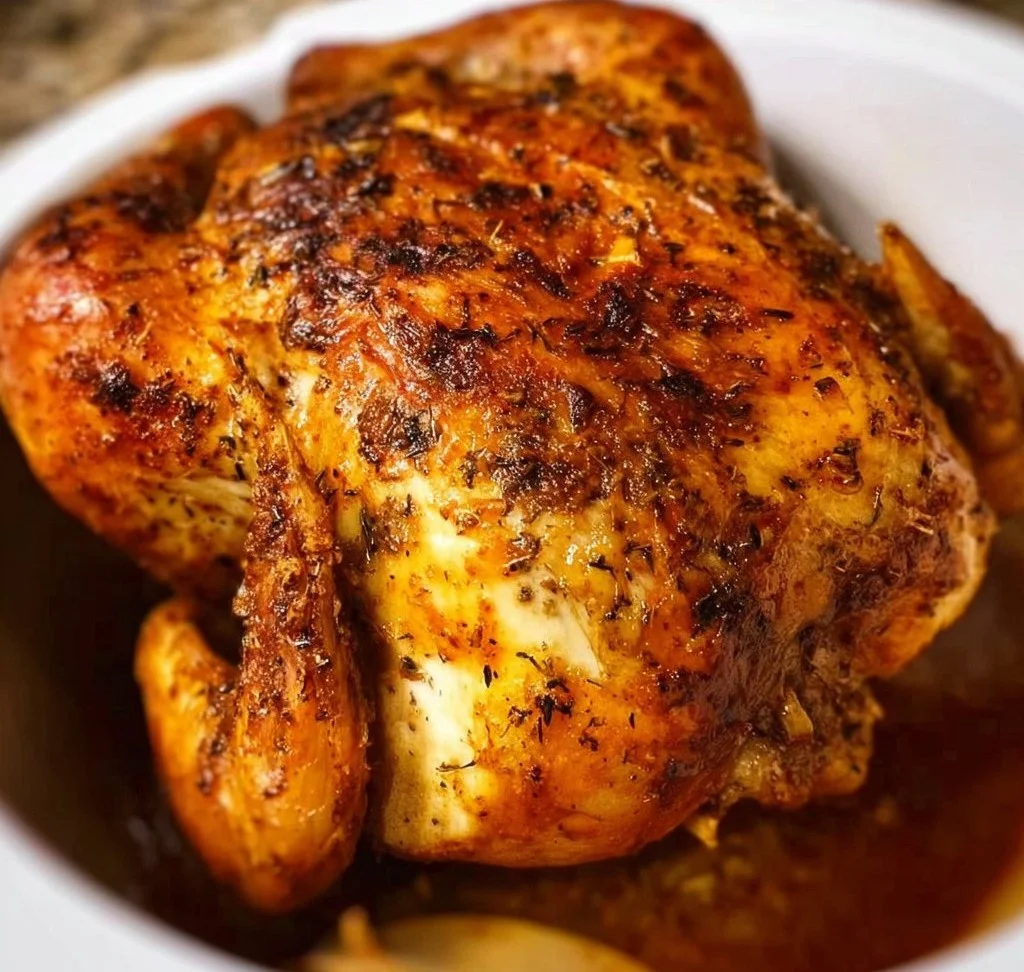 Deliciously cooked Crockpot whole chicken on a serving platter