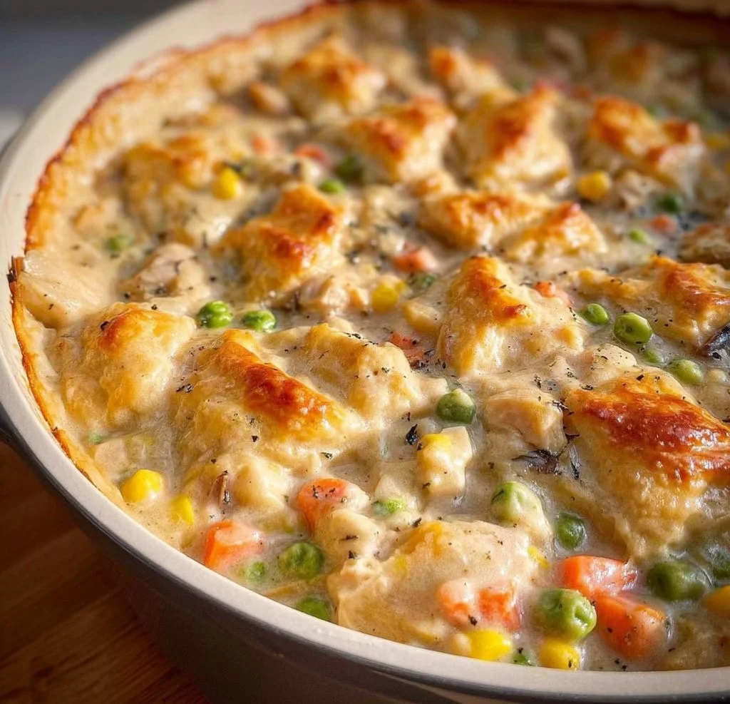 Crustless chicken pot pie served in a bowl with fresh herbs on top.