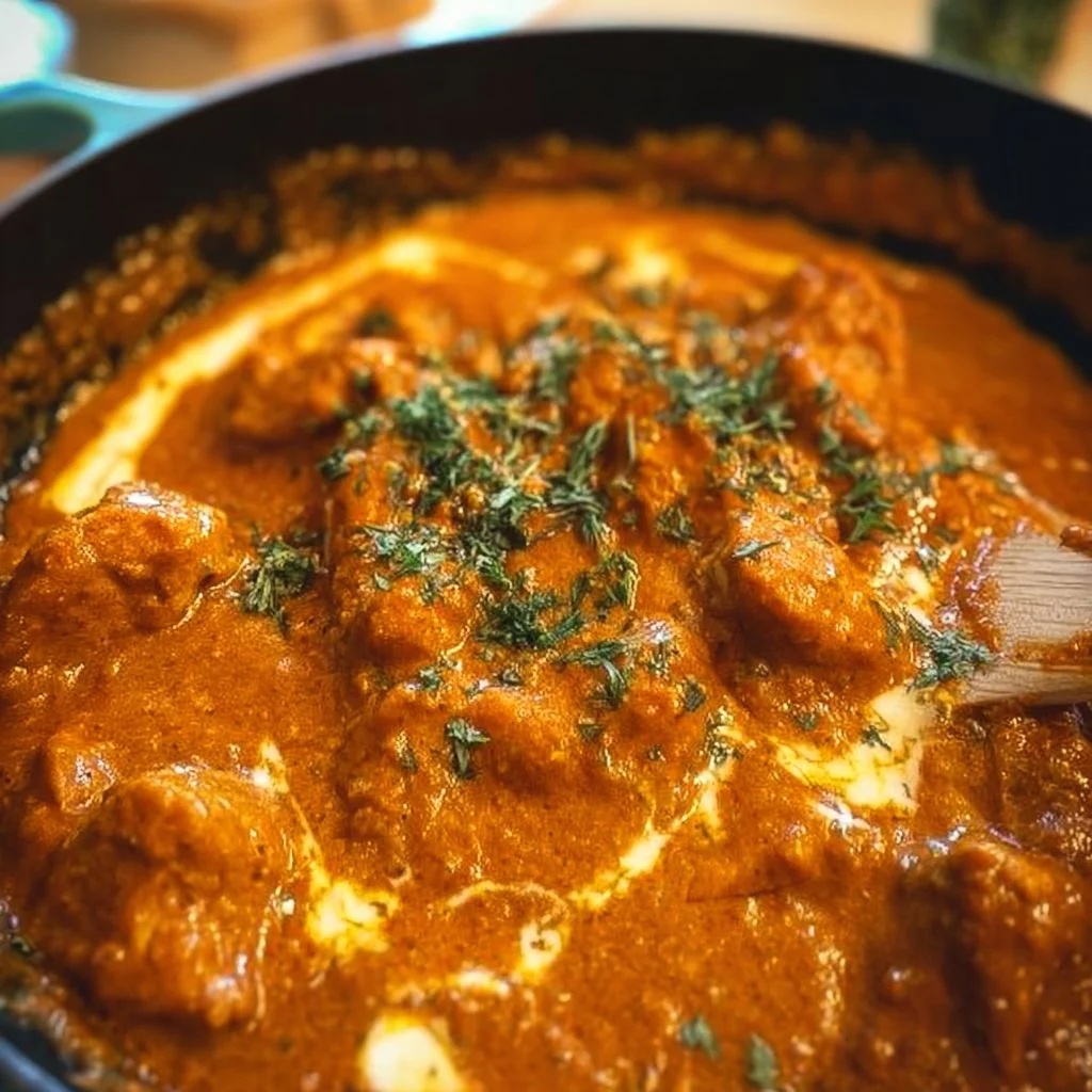 A delicious plate of Dairy Free Butter Chicken served with rice and garnished with cilantro.