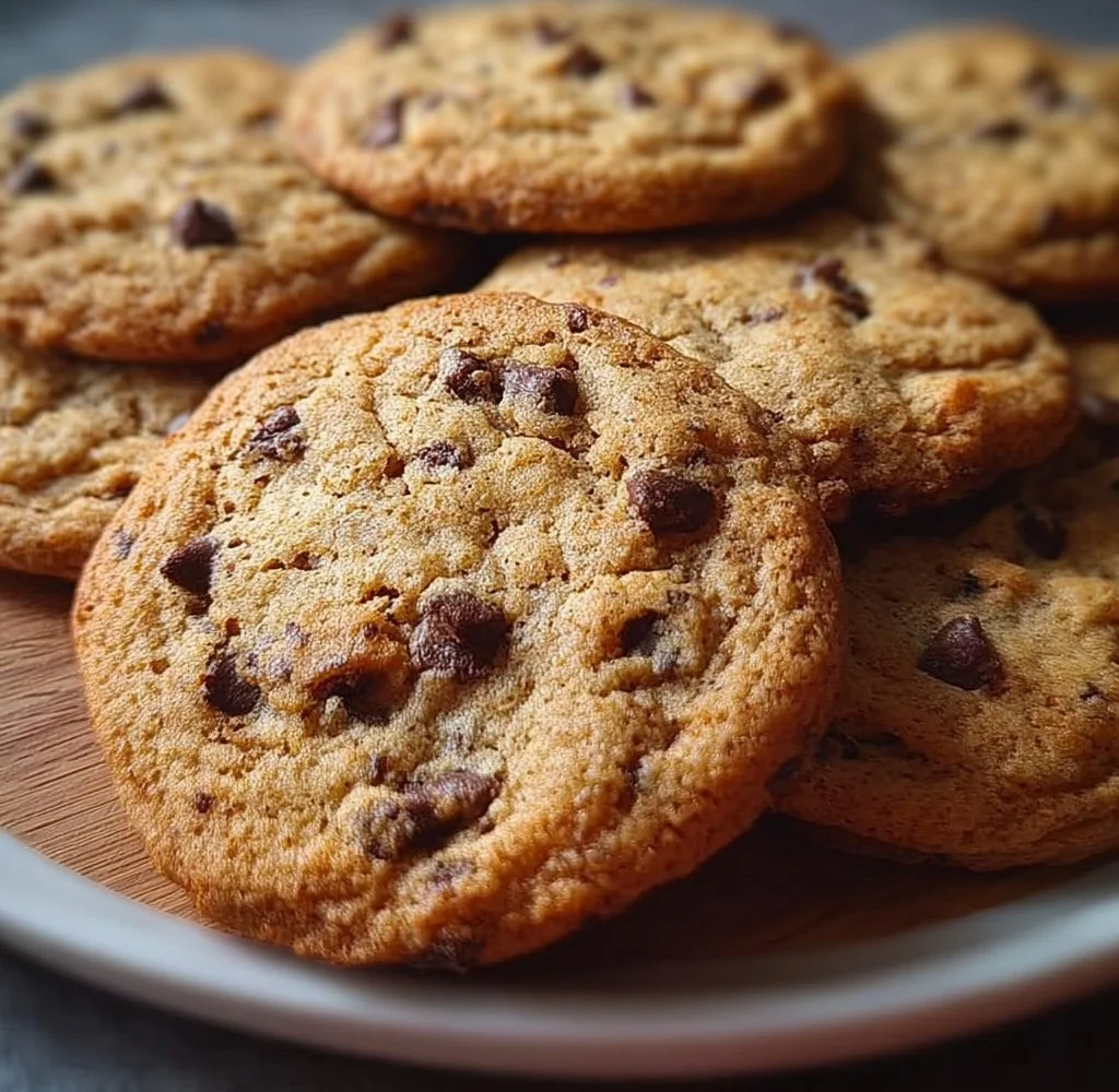 Plate of homemade dairy-free chocolate chip cookies with melting chocolate chips.