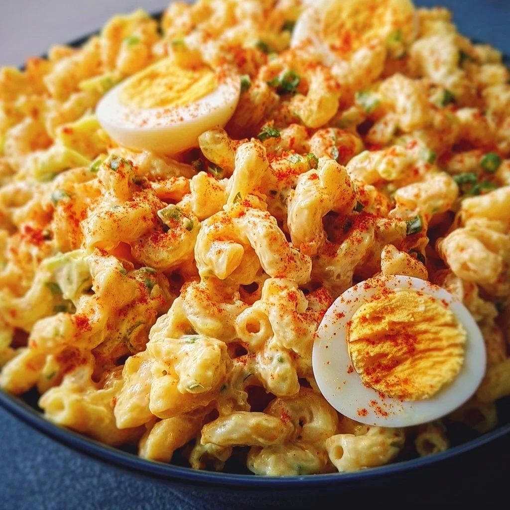 Delicious Deviled Egg Macaroni Salad served in a bowl